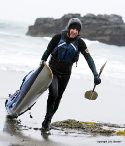 On this cold, rainy winter's day in surf and rocks, wear a full wetsuit, gloves, booties, helmet, and PFD.
