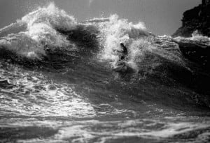 Steve Sinclair with his 19-foot Odyssea Surf Ski on the face of a junkyard wave at Greenwood Cove, Elk, California—the home of “storm sea skiing” – Photo by Will Nordby©